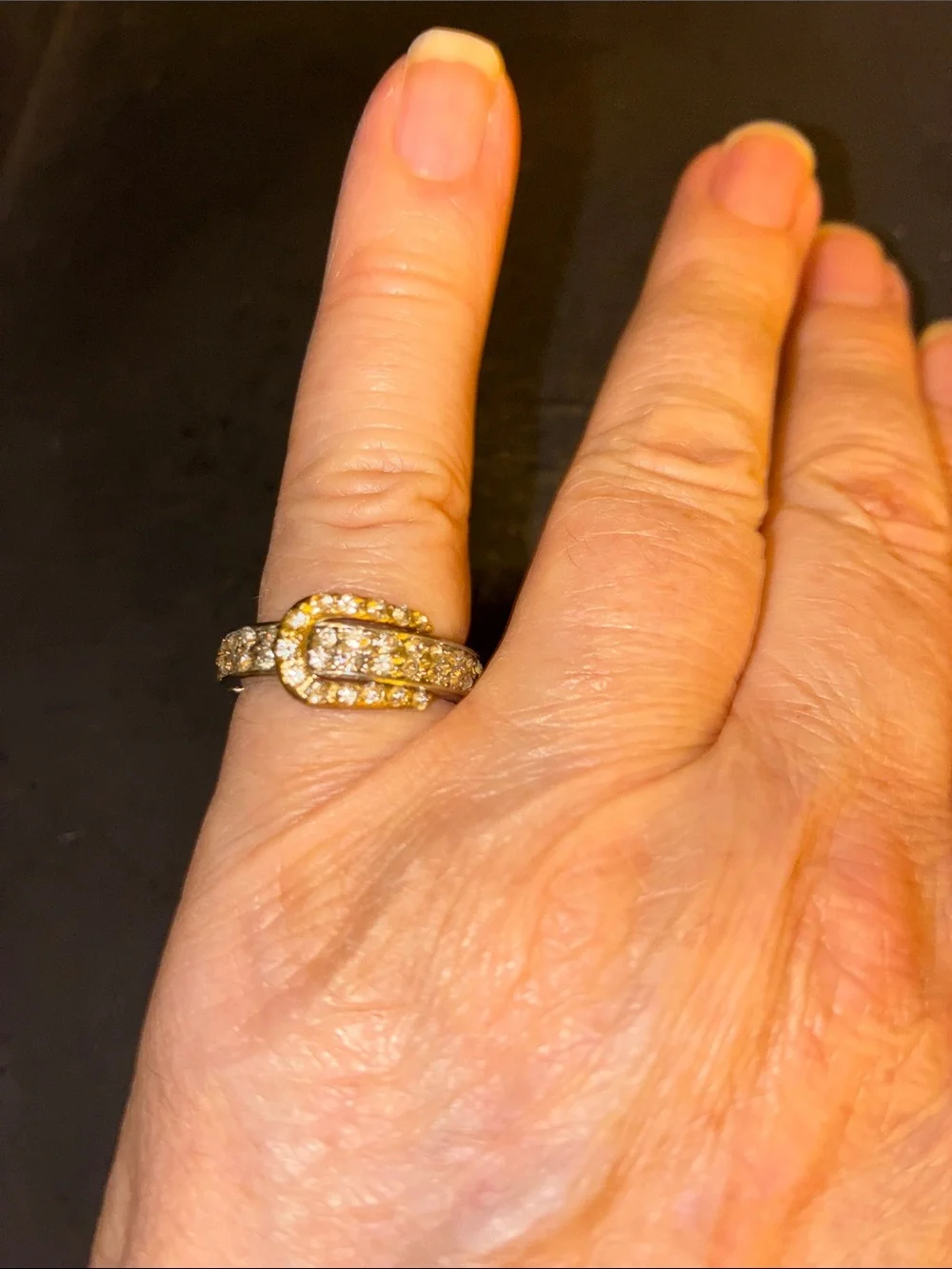 Gold-Tone Buckle Stretch Ring with Clear Pavé Crystals